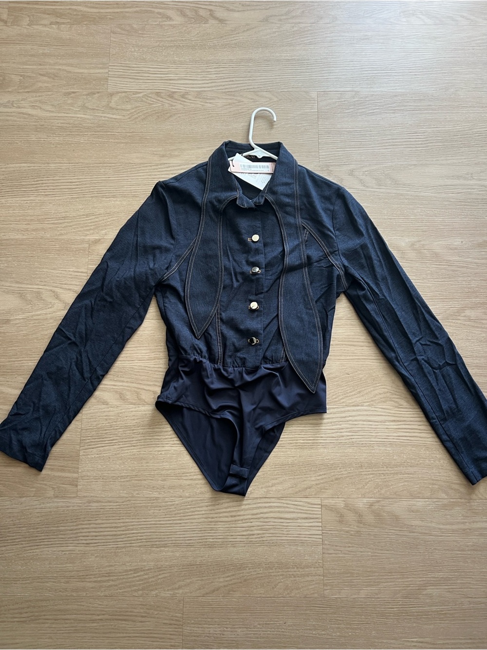 Long-Sleeve Navy Button-Front Bodysuit